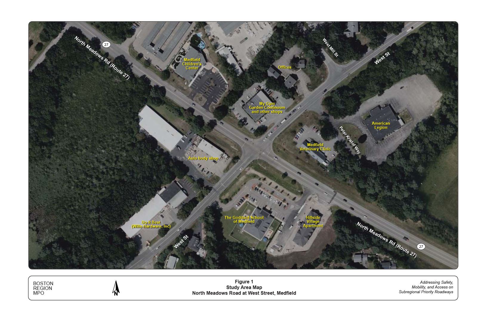 Figure 1: Study Area
This figure shows a map of the study area with satellite imagery that shows the existing intersection layout.
